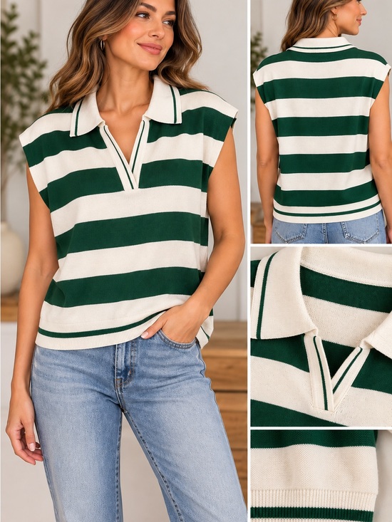 Zenana Outfitters Tops - Zenana Outfitters Hunter Green & Cream Striped Sleeveless Polo Tank